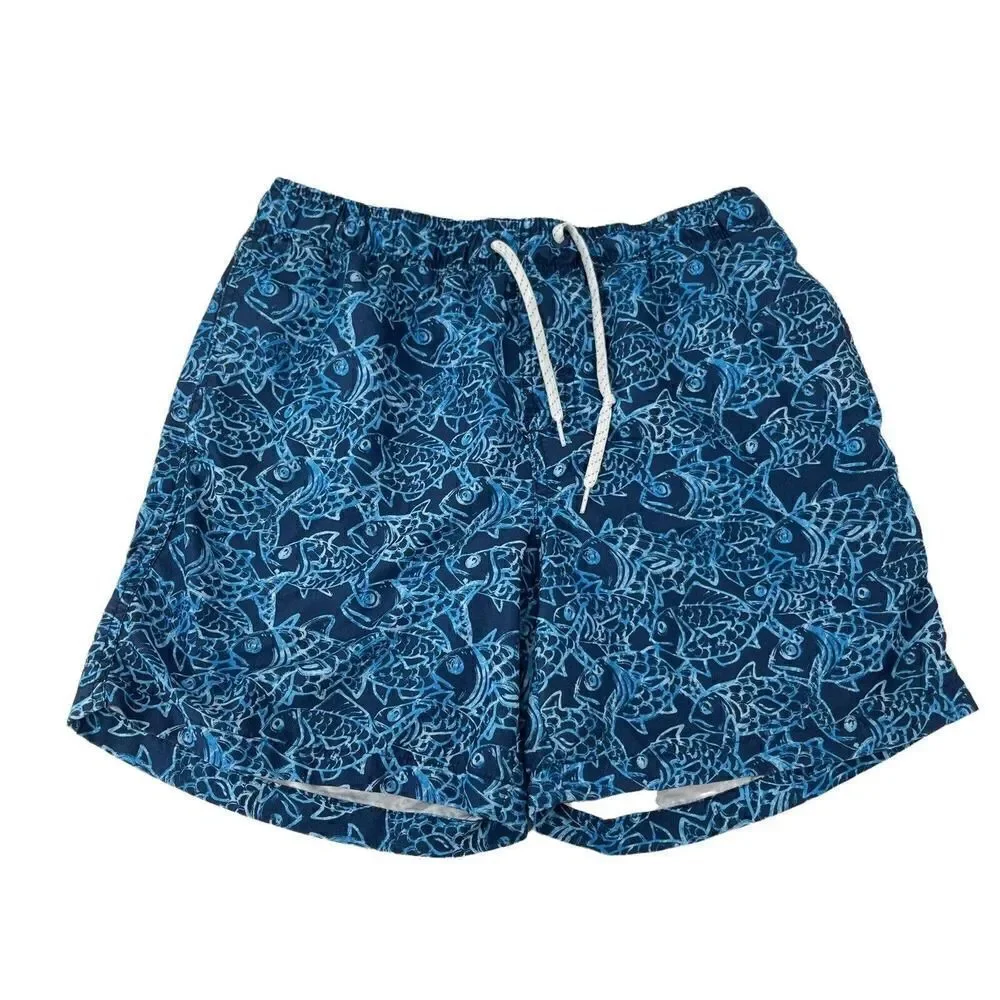 Blue Swim Trunks Mens Size Medium Lined Fish Pattern Beach Wear Ocean Coast Fun